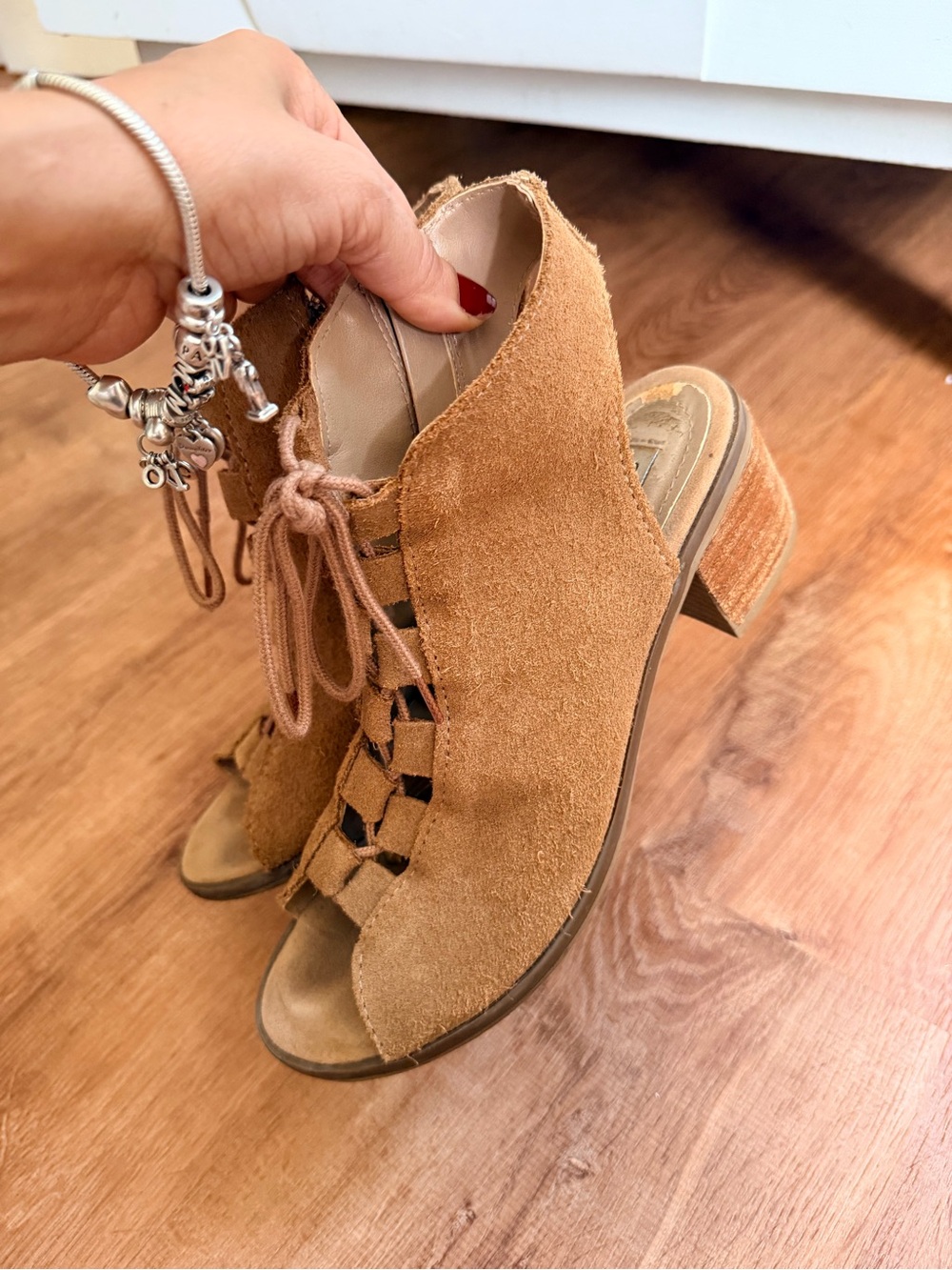 Steve Madden Adeline Tan Suede Leather Peep Toe Lace-Up Block Heel Booties 6